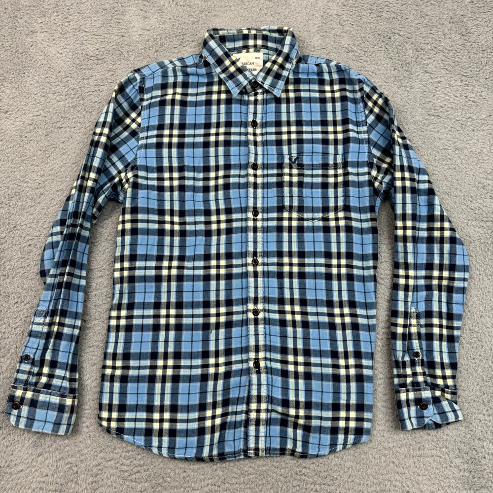 American Eagle Shirt Men L Blue Check Flannel Button Up Logo‎ Gorpcore Outdoor